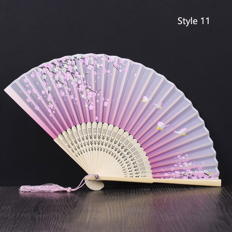 Eventail japonais en bambou et satin (14 couleurs)