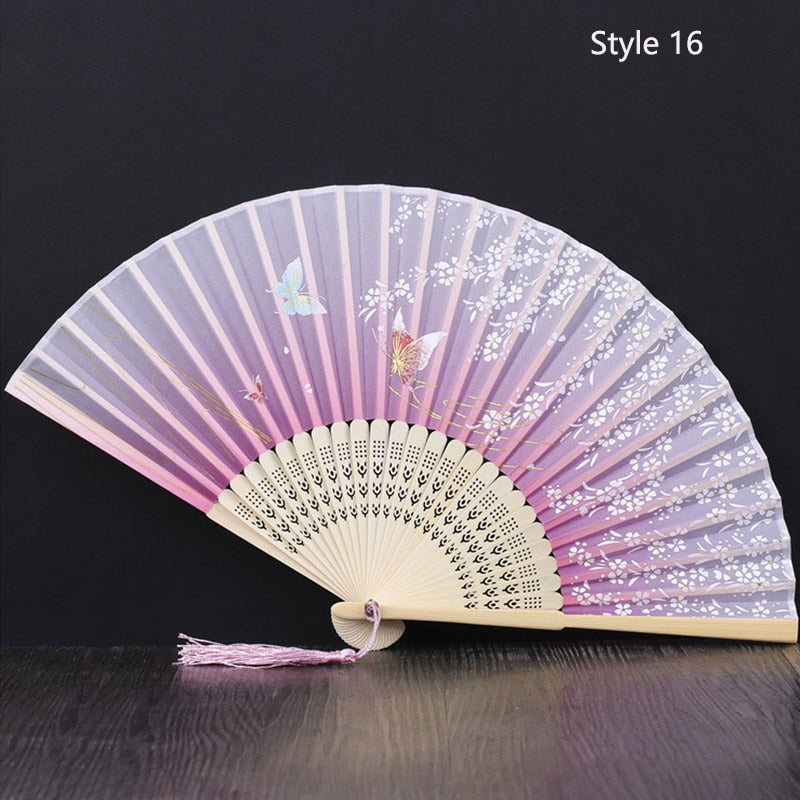 Eventail japonais en bambou et satin (14 couleurs)